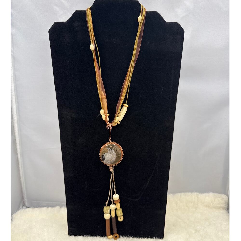 Vintage Ammonite Fossil Multi-Strand Ribbon Cord Statement Tassel Necklace 15"